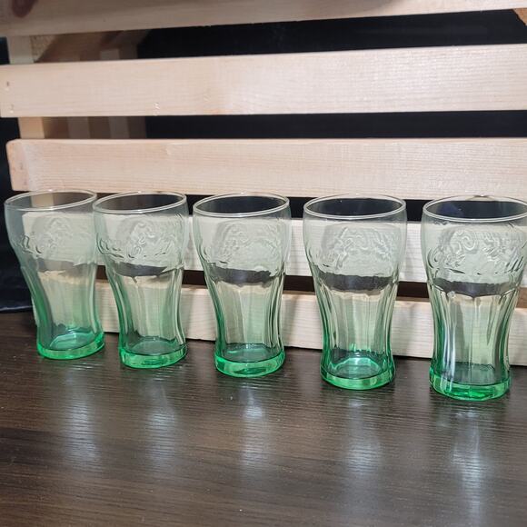 5 Libbey Mini Coca Cola Coke Vintage Glasses Green Tinted 4.5 inches tall - Picture 4 of 6